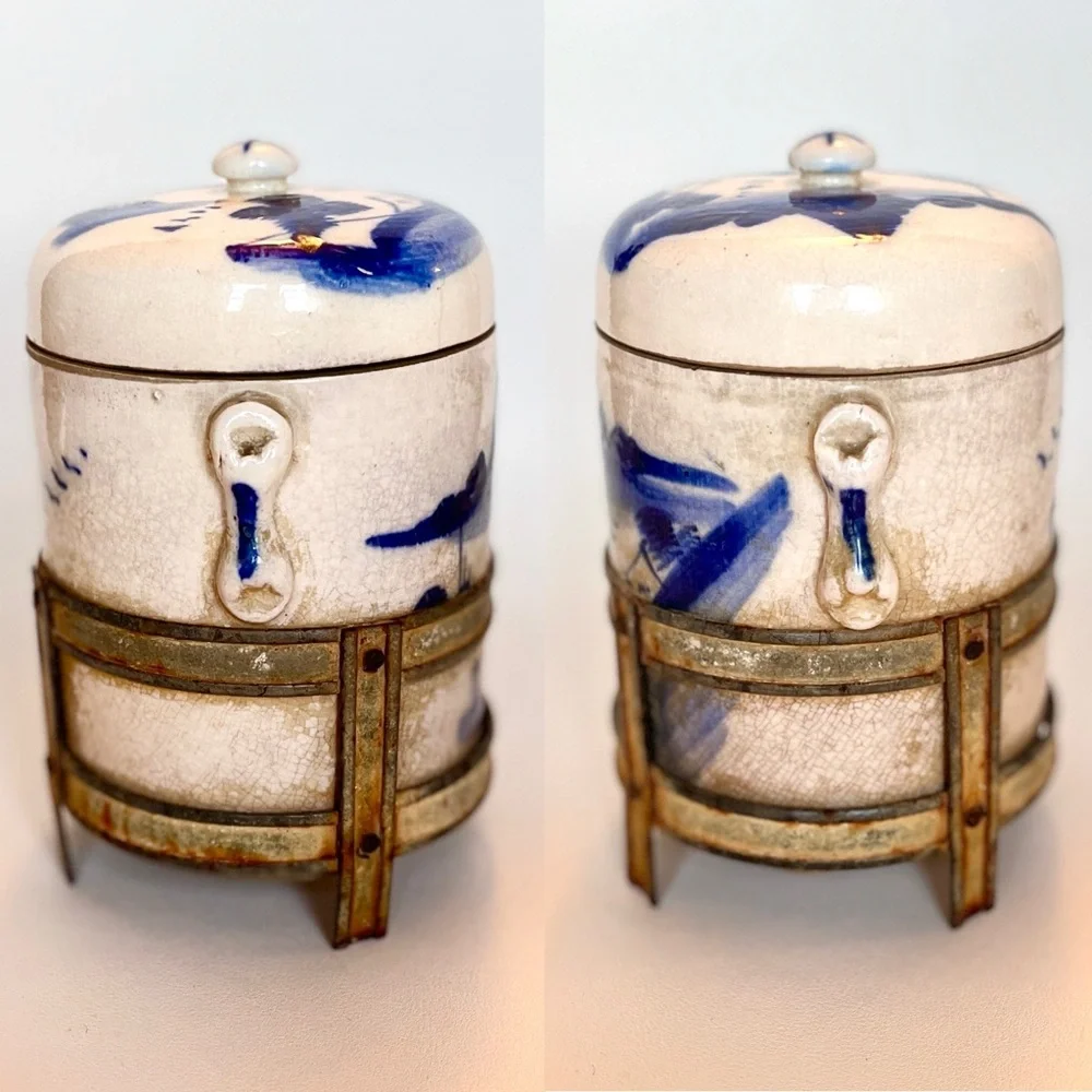 Chinese Tea Caddy Porcelain Canister Double Lid Herb Infuser Apothecary Jar